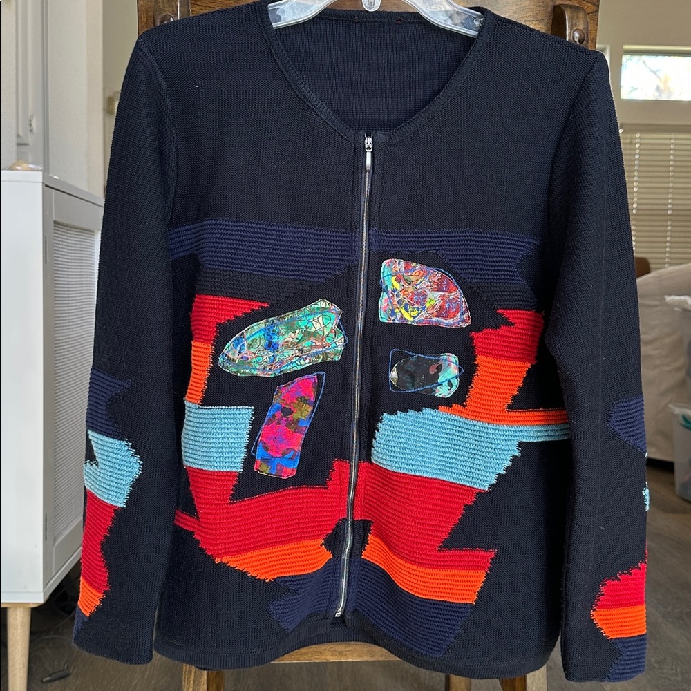 Navy Blue Wool Blend Jacquard Knit Zip Cardigan with Colorful Abstract Pattern M